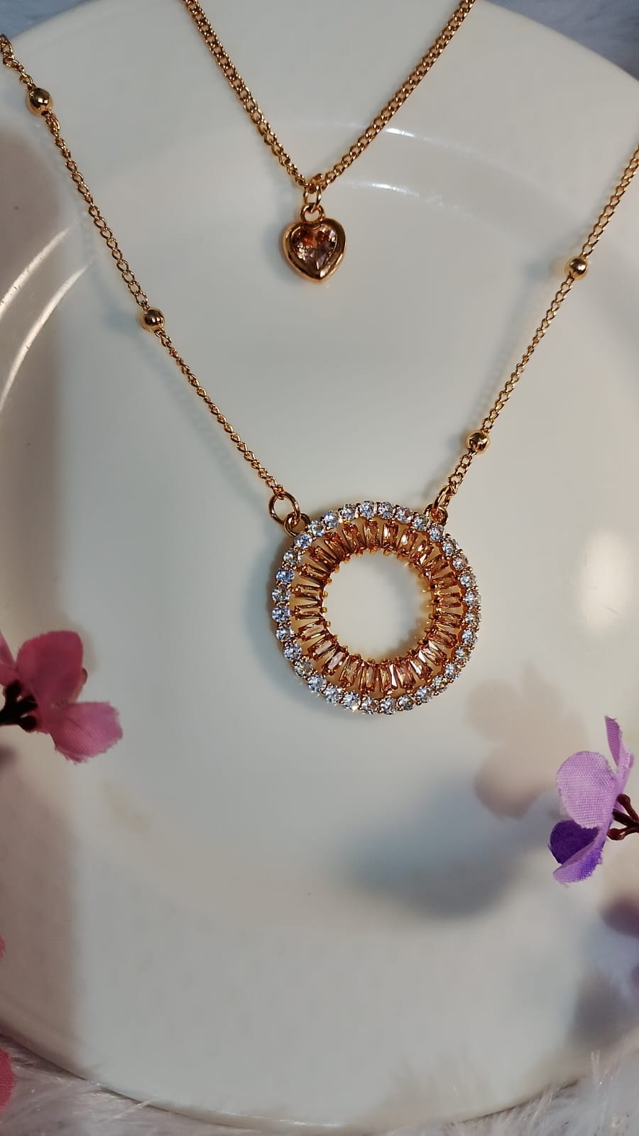 YQ Double Layered Round Necklace with Mini Heart
