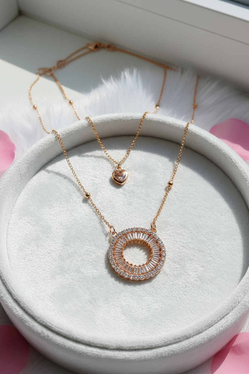 YQ Double Layered Round Necklace with Mini Heart