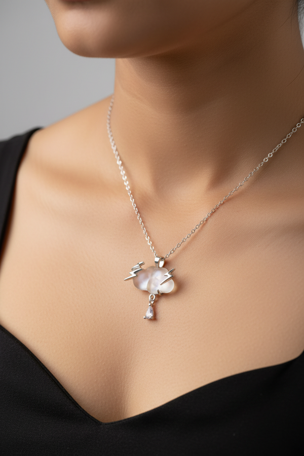 Cloud And Lightning Bolt White Pendant Necklace