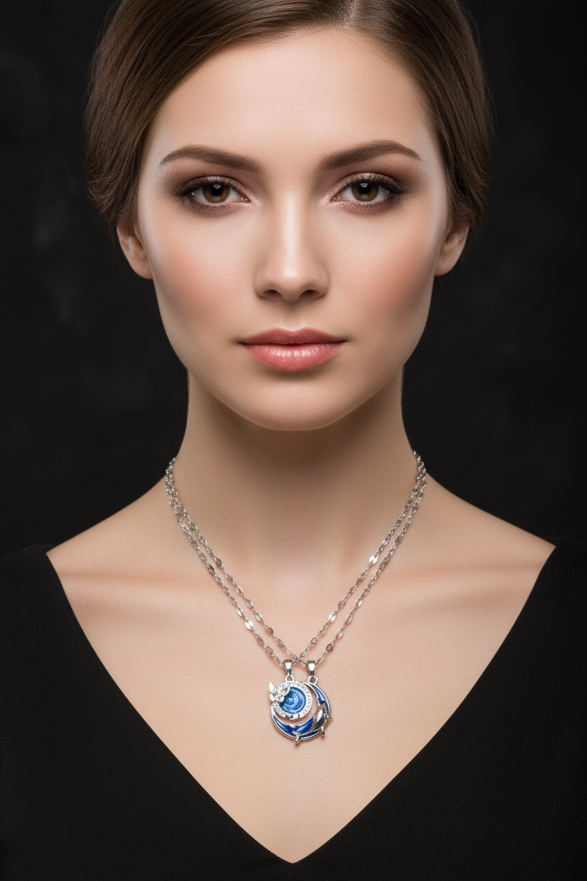 Crescent Moon and Dolphin Pendant Necklace