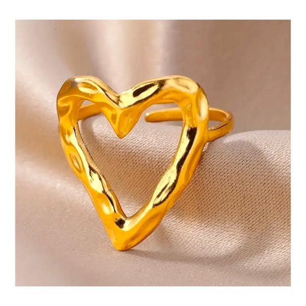 Yoniq.woman gold-tone open heart ring with a hammered texture, featuring an adjustable minimalist band design.