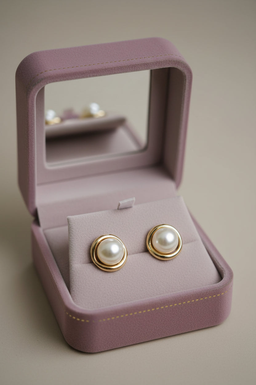 Yoniq.woman minimalist round stud earrings featuring an iridescent stone center in a polished gold-tone metal frame.