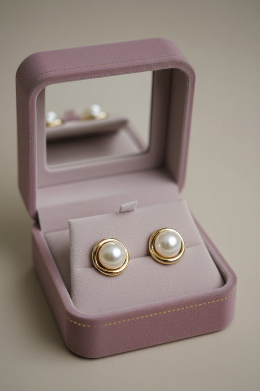 Yoniq.woman minimalist round stud earrings featuring an iridescent stone center in a polished gold-tone metal frame.