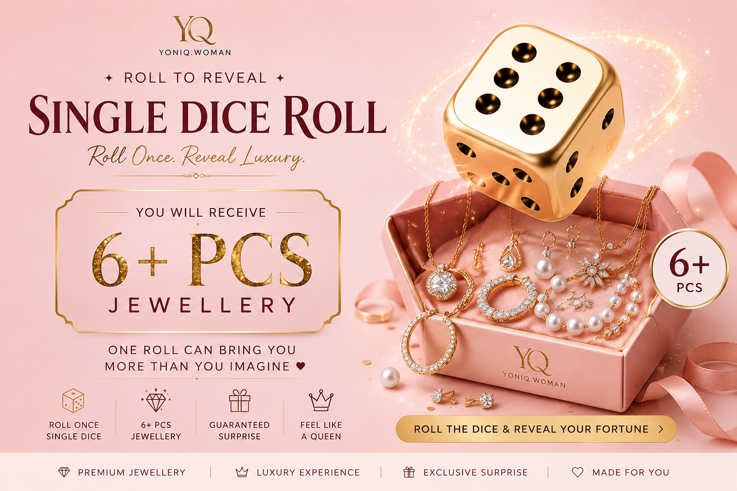 Yoniq.woman premium jewellery surprise gift box featuring a gold dice and six elegant pieces of sparkling jewellery.