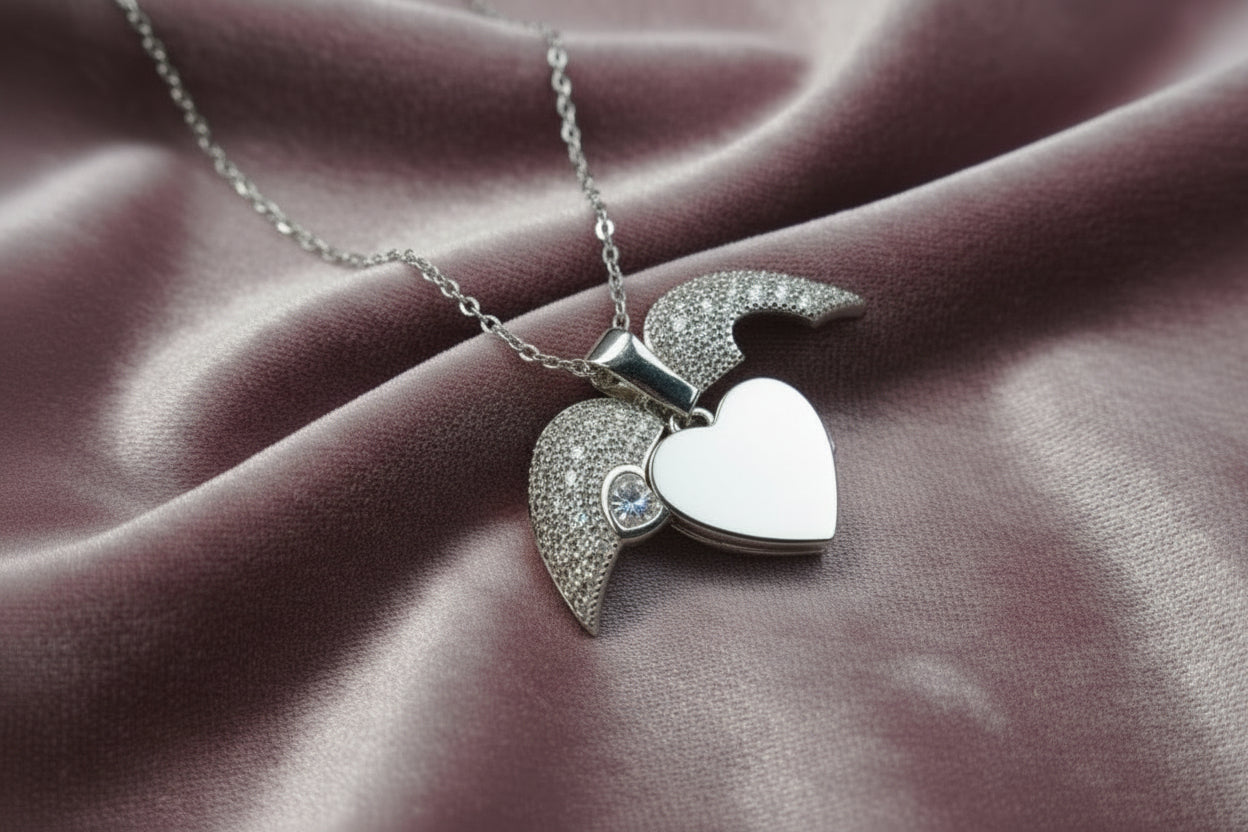 Yoniq.woman silver-tone heart locket necklace with cubic zirconia wings and a central stone on a delicate chain.